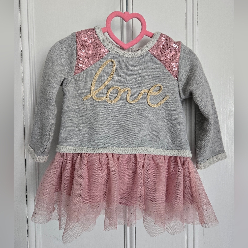 Little Lass Gray & Pink Tulle Dress with Sequin Details & Gold Love 💛 12M